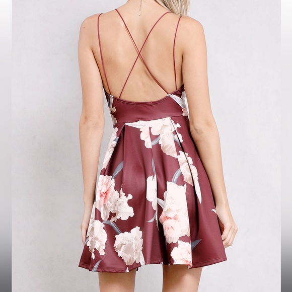 Papaya Maroon Fit and Flare Floral Dress - Picture 3 of 8